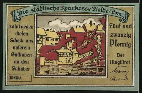 Notgeld Plathe, 25 Pfennig, Rathaus, Ortsansicht