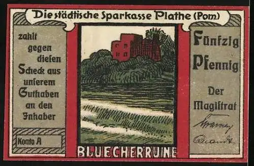 Notgeld Plathe, 50 Pfennig, Stadtwappen, Bluecherruine