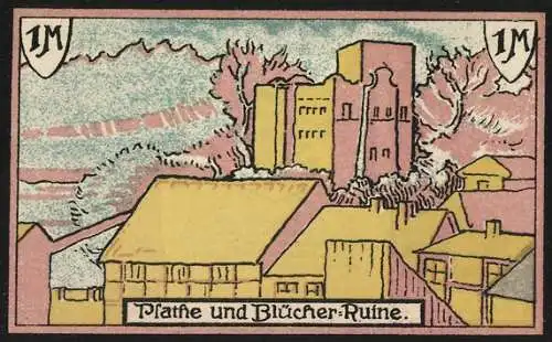 Notgeld Plathe, 1 Mark, Stadtwappen, Blücher-Ruine
