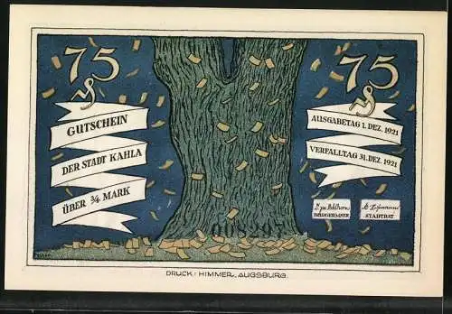 Notgeld Kahla 1921, 75 Pfennig, Deutscher Merkur im Schuss