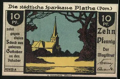 Notgeld Plathe, 10 Pfennig, Stadtwappen, Mann in Ketten, Kirche