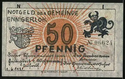 Notgeld Ennigerloh 1921, 50 Pfennig, Kinder bei Tisch, Marmelade, Teufel