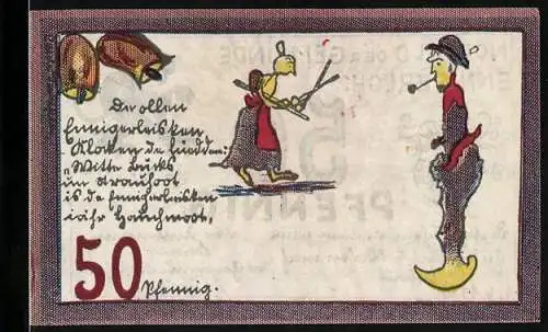 Notgeld Ennigerloh 1921, 50 Pfennig, Schneiderin und Fischer, Teufel