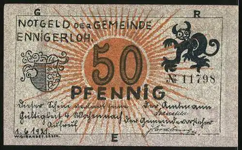 Notgeld Ennigerloh 1921, 50 Pfennig, Schneiderin und Fischer, Teufel