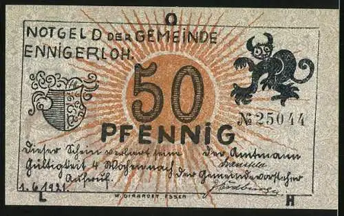 Notgeld Ennigerloh 1921, 50 Pfennig, Menschen am Finanzamt, Teufel