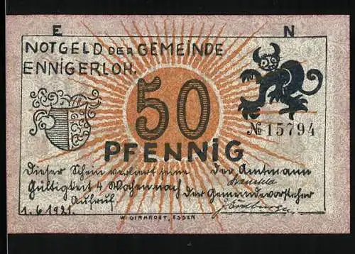 Notgeld Ennigerloh 1921, 50 Pfennig, Teufel und Stadtwappen, Menschen sammeln Geld