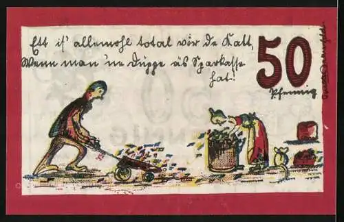 Notgeld Ennigerloh 1921, 50 Pfennig, Teufel und Stadtwappen, Menschen sammeln Geld