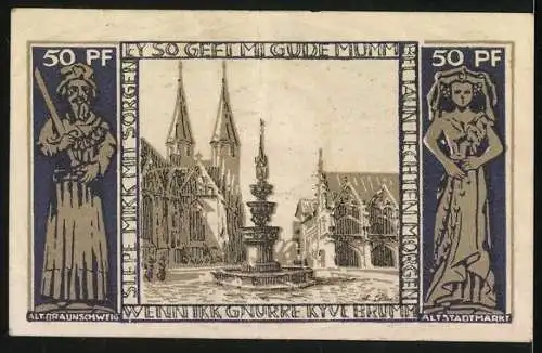 Notgeld Braunschweig 1923, 50 Pfennig, Stadtplatz mit Brunnen
