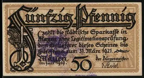 Notgeld Mayen 1919, 50 Pfennig, Brückentor, Burg