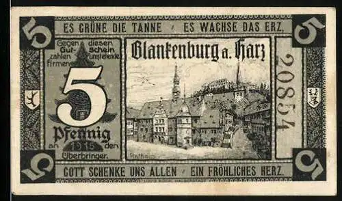 Notgeld Blankenburg a. Harz 1915, 5 Pfennig, Rathaus