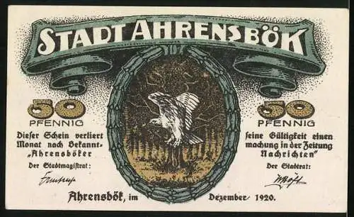 Notgeld Ahrensbök 1920, 50 Pfennig, Ortsansicht, Adler im Flug