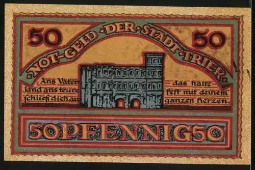 Notgeld Trier 1921, 50 Pfennig, Wappen, Porta Nigra