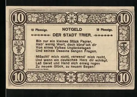Notgeld Trier 1920, 10 Pfennig, Gedicht, Stadtwappen