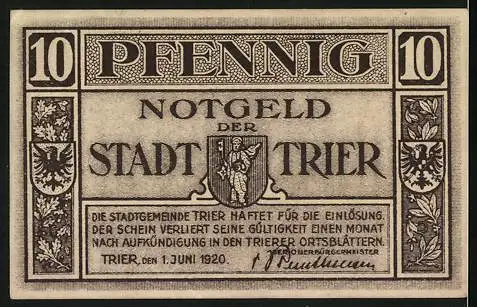 Notgeld Trier 1920, 10 Pfennig, Gedicht, Stadtwappen