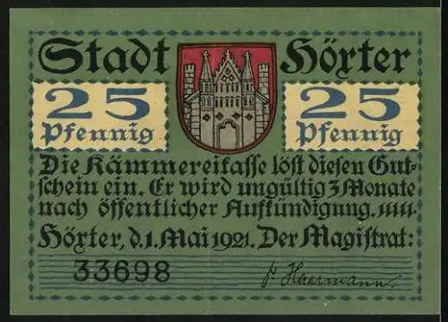 Notgeld Höxter 1921, 25 Pfennig, Frauen bei der Schlacht, Stadtwappen