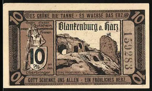 Notgeld Blankenburg a. Harz 1920, 10 Pfennig, Burg Regenstein