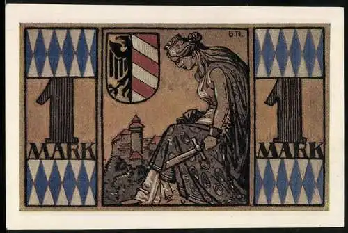 Notgeld Nürnberg 1921, 1 Mark, Königin mit Stadtwappen