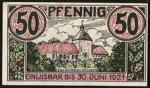 Notgeld Winsen 1921, 50 Pfennig, Kühe am Weiden, Schloss