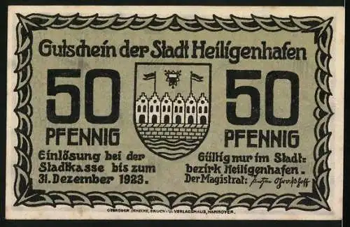 Notgeld Heiligenhafen 1923, 50 Pfennig, Strassenpartie, Stadtwappen