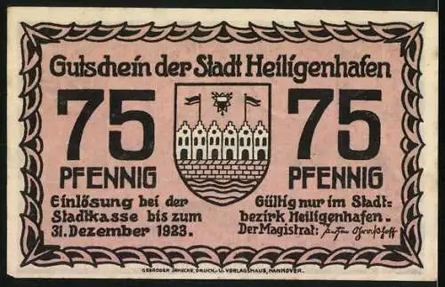 Notgeld Heiligenhafen 1923, 75 Pfennig, Altes Rathaus, Glocken, Stadtwappen