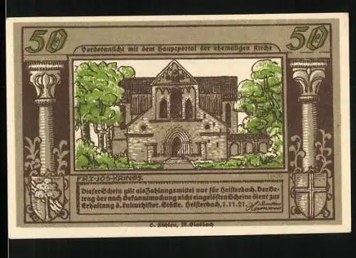 Notgeld Heisterbach 1921, 50 Pfennig, Hauptportal der ehemaligen Kirche