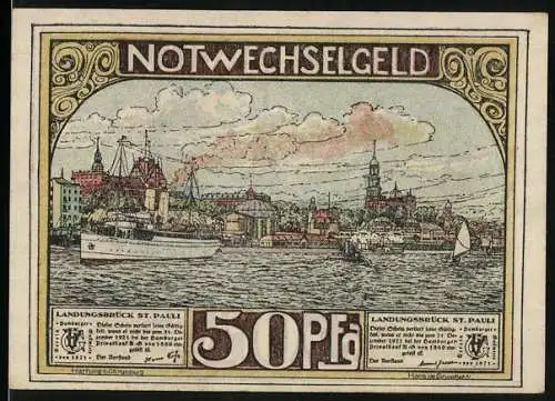 Notgeld Hamburg, 50 Pfennig, Hafenpanorama, Michaelis-Kirche normal und beim Brand