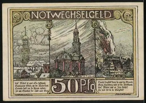 Notgeld Hamburg, 50 Pfennig, Hafenpanorama, Michaelis-Kirche normal und beim Brand