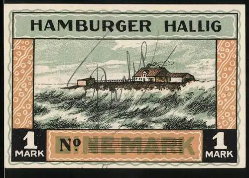 Notgeld Hamburger Hallig, 1 Mark, Bauern auf dem Feld, stürmische Küste