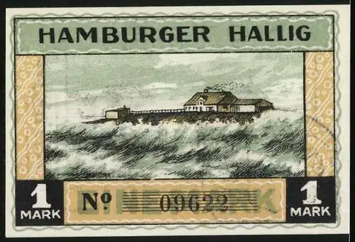 Notgeld Hamburger Hallig, 1 Mark, Bauern auf dem Feld, stürmische See