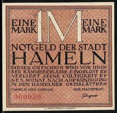 Notgeld Hameln 1921, 1 Mark, Der Siebenlinge Denkstein