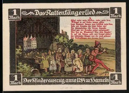 Notgeld Hameln, 1 Mark, Der Kinderauszug anno 1284