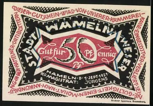 Notgeld Hameln 1921, 50 Pfennig, Der Rattenfänger mit den Ratten