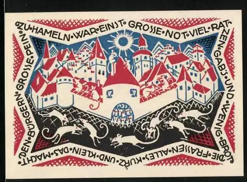 Notgeld Hameln 1921, 50 Pfennig, Ratten vor und in der Stadt