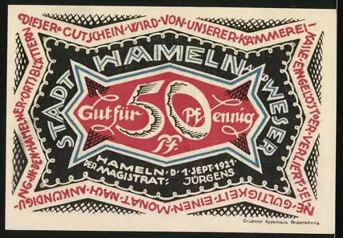Notgeld Hameln 1921, 50 Pfennig, Ratten vor und in der Stadt