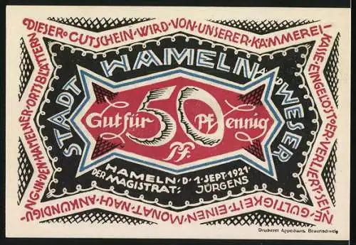 Notgeld Hameln 1921, 50 Pfennig, Der Stadtrat erzürnt den Rattenfänger