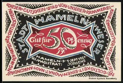Notgeld Hameln 1921, 50 Pfennig, Der Rat betrügt den Rattenfänger
