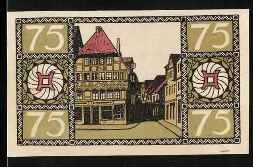 Notgeld Hameln 1921, 75 Pfennig, Ortspartie mit Fachwerkhaus