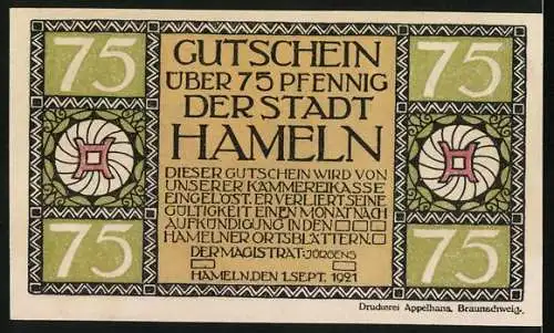 Notgeld Hameln 1921, 75 Pfennig, Ortspartie mit Fachwerkhaus