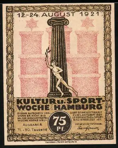 Notgeld Hamburg 1921, 75 Pfennig, Kultur- und Sportwoche, Blick auf die Michaeliskirche