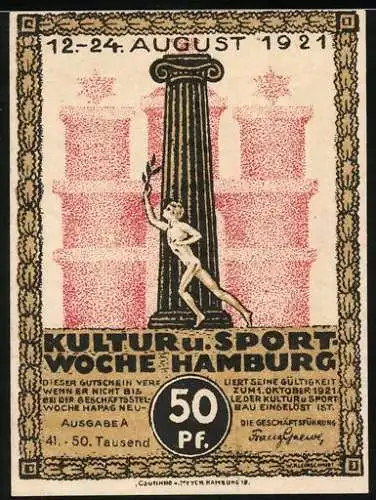 Notgeld Hamburg 1921, 50 Pfennig, Kultur- und Sportwoche, Hafenpartie mit grossem angetauten Schiff
