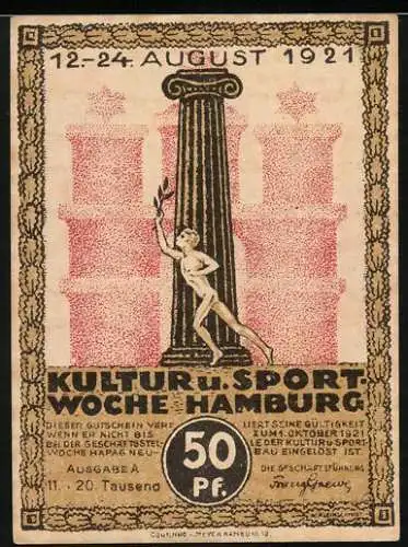 Notgeld Hamburg 1921, 50 Pfennig, Kultur- und Sportwoche, Grosses Segelschiff am Hafen
