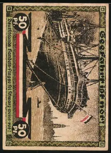 Notgeld Hamburg 1921, 50 Pfennig, Kultur- und Sportwoche, Grosses Segelschiff am Hafen