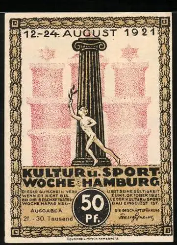 Notgeld Hamburg 1921, 50 Pfennig, Kultur- und Sportwoche, Grosses Schiff am Hafen