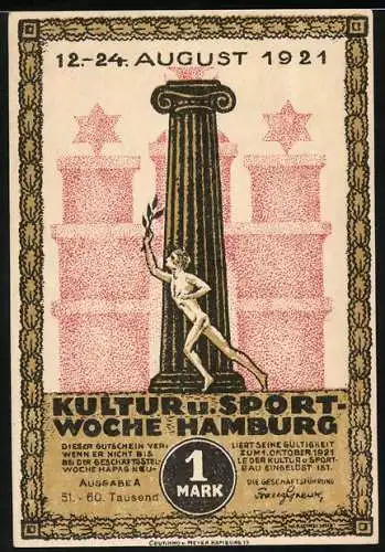 Notgeld Hamburg 1921, 1 Mark, Kultur- und Sportwoche, Bismarck-Denkmal