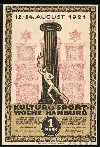 Notgeld Hamburg 1921, 1 Mark, Kultur- und Sportwoche, Das Bismarck-Denkmal