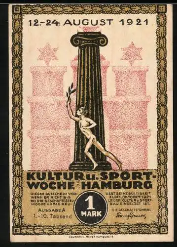 Notgeld Hamburg 1921, 1 Mark, Kultur- und Sportwoche, Partie am Bismarck-Denkmal