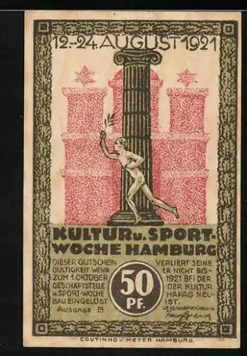 Notgeld Hamburg 1921, 50 Pfennig, Kultur- und Sportwoche, Industriehafen im Hintergrund