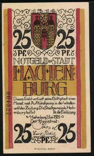 Notgeld Hachenburg 1921, 25 Pfennig, Der Marktbrunnen zu Hachenburg