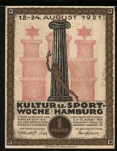 Notgeld Hamburg 1921, 1 Mark, Kultur- und Sportwoche, Blick auf das Bismarck-Denkmal