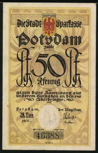 Notgeld Potsdam 1921, 50 Pfennig, Soldat in Uniform mit Bajonett